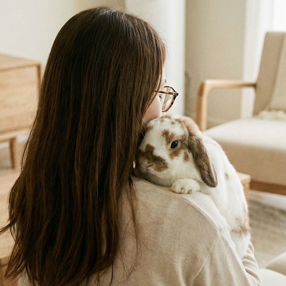 Happy rabbit in a cozy home environment