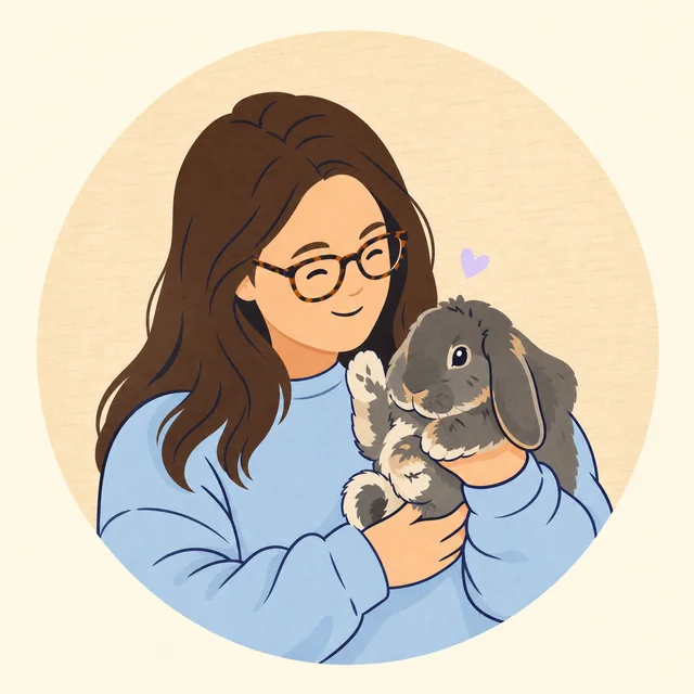 Flat illustration of Elodie holding a gray lop rabbit.