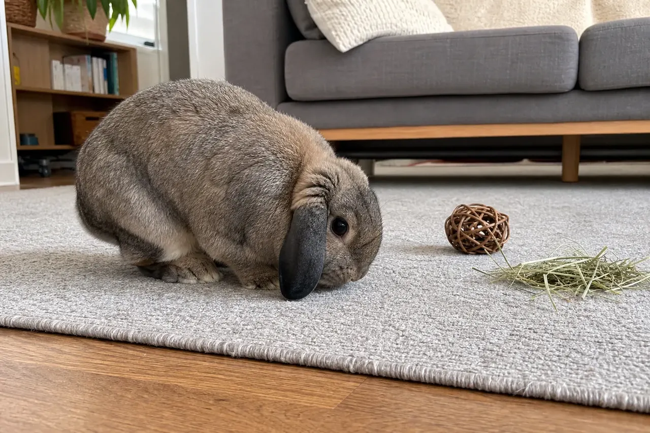A house rabbit calmly exploring a flat low-pile area rug with hay and a willow chew ball nearby.