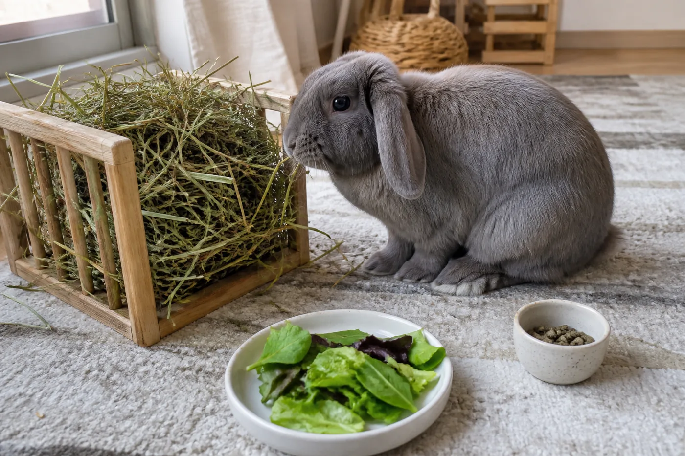 Adult lop rabbit beside abundant hay, a plate of leafy greens and a small measured bowl of plain pellets.