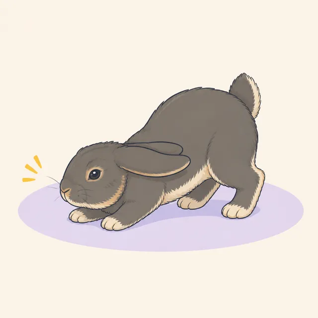 Illustration of a defensive lop rabbit leaning forward with pinned ears and a raised tail.
