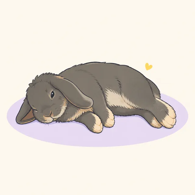 Illustration of a relaxed lop rabbit lying in a natural side flop.