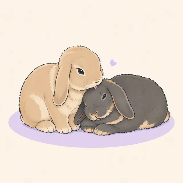 Illustration of two bonded lop rabbits sharing a calm grooming moment.