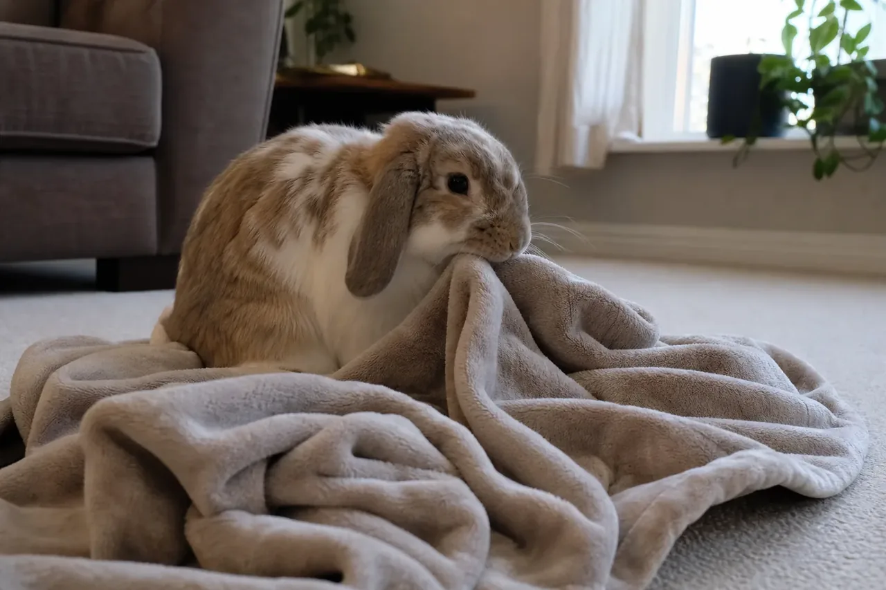 A lop rabbit gently nibbling a raised fold of a loose blanket that has bunched up on the floor.