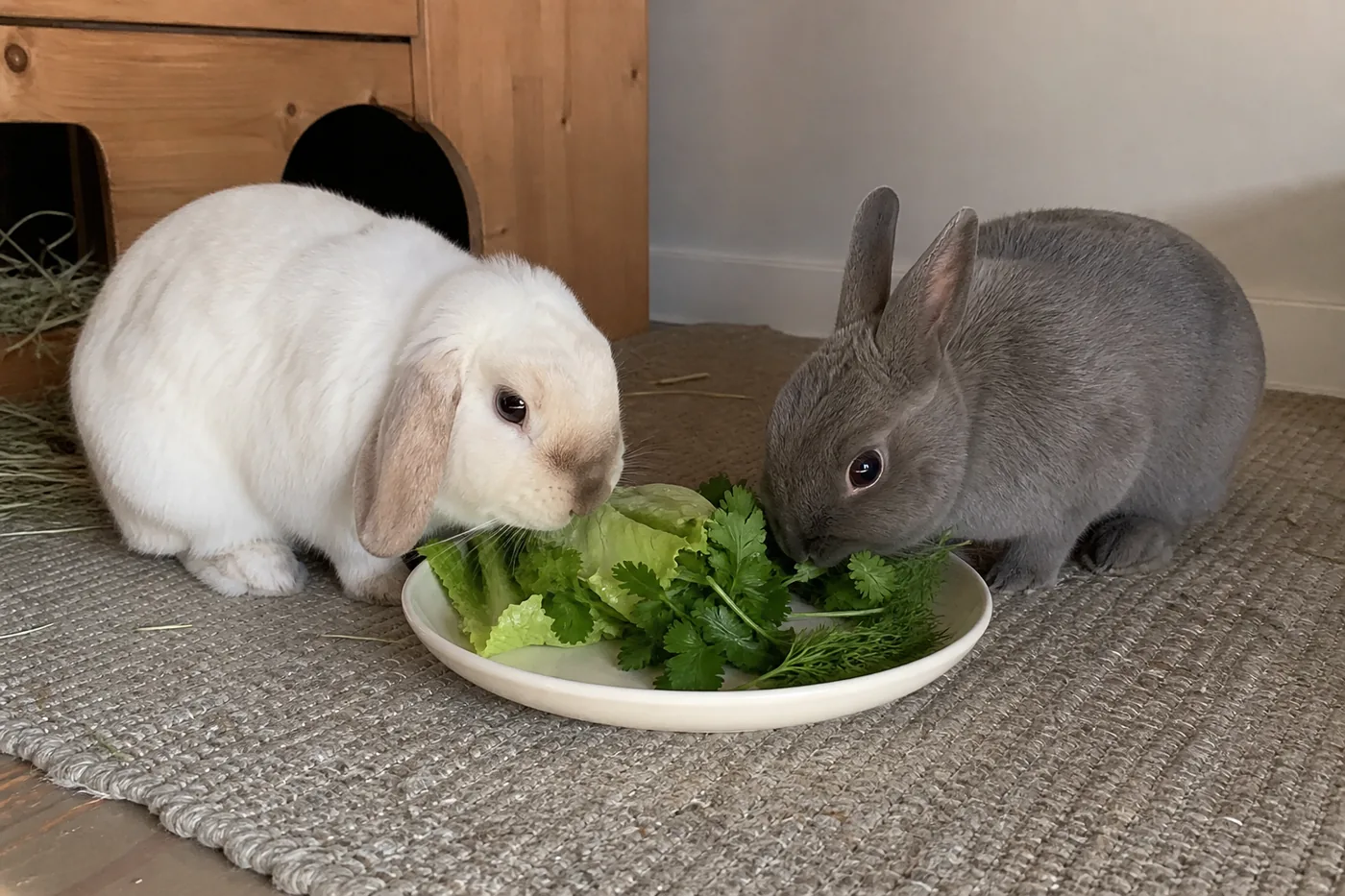 Two bonded house rabbits naturally sharing a plate of leafy greens.
