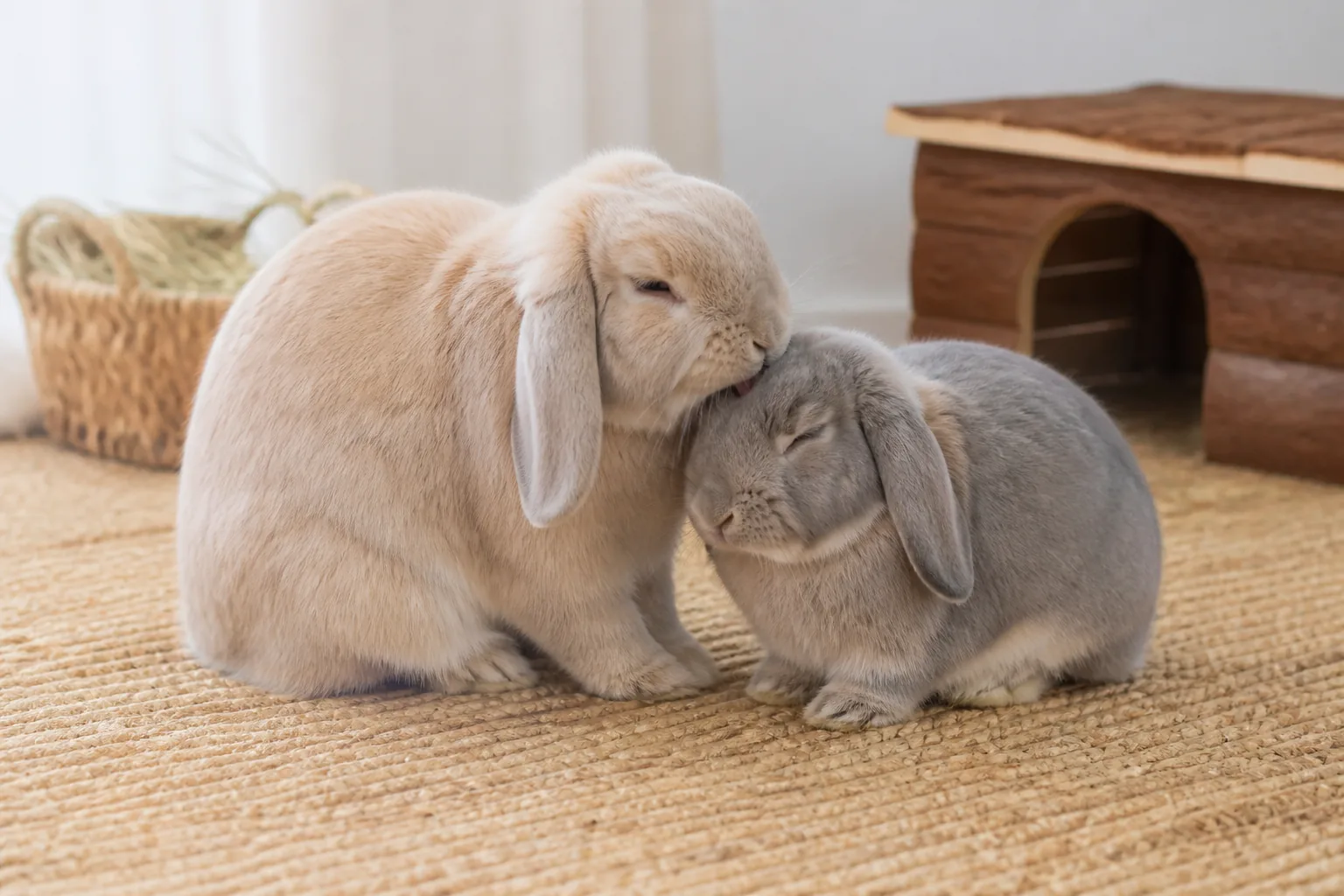 Two bonded lop rabbits calmly grooming and resting together