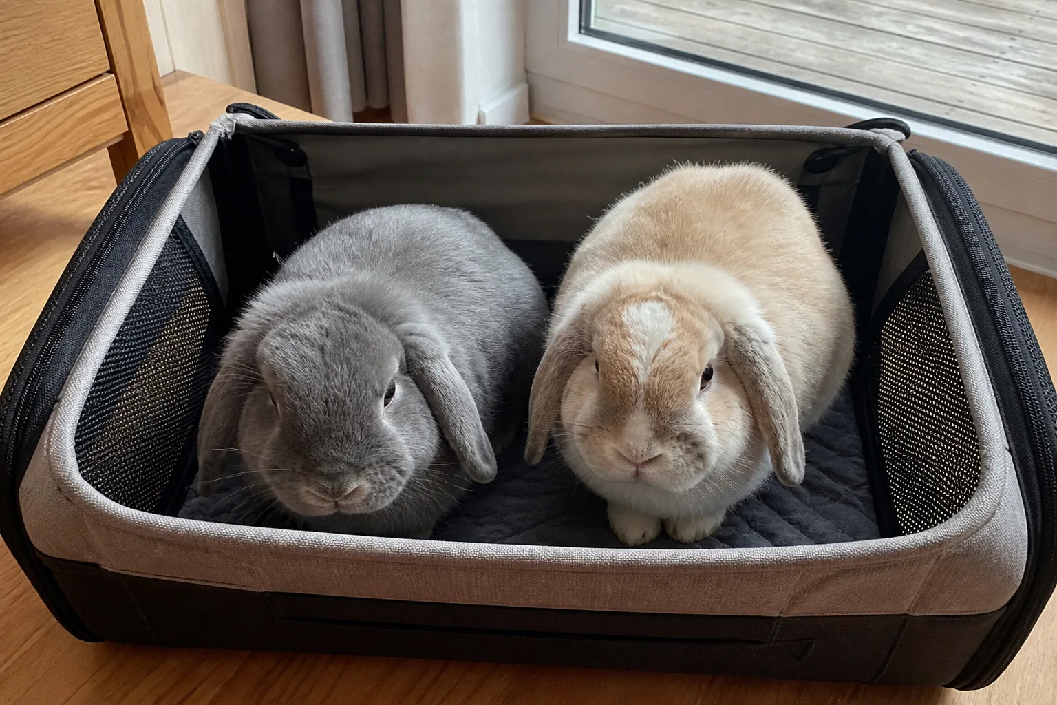 Two bonded rabbits sitting calmly together in a large carrier