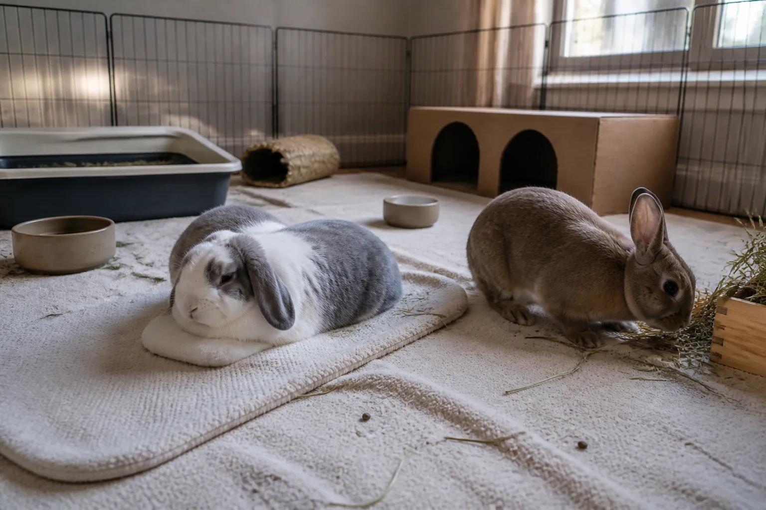 Two bonded house rabbits calmly sharing a spacious indoor enclosure with separate water bowls, hay areas, litter boxes and roomy hideouts.