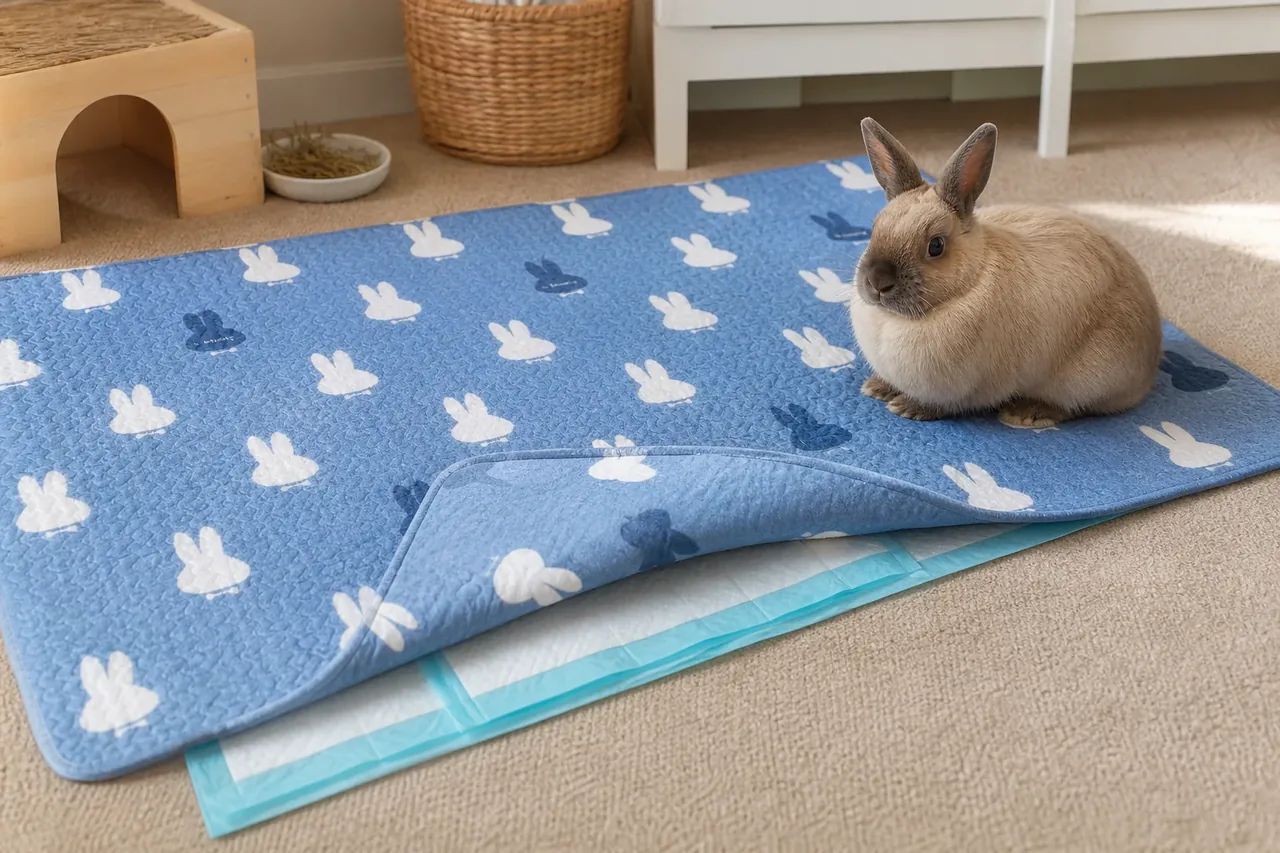 A large blue washable rabbit mat lifted at one corner to show overlapping blue-and-white absorbent pee pads protecting wall-to-wall carpet underneath.