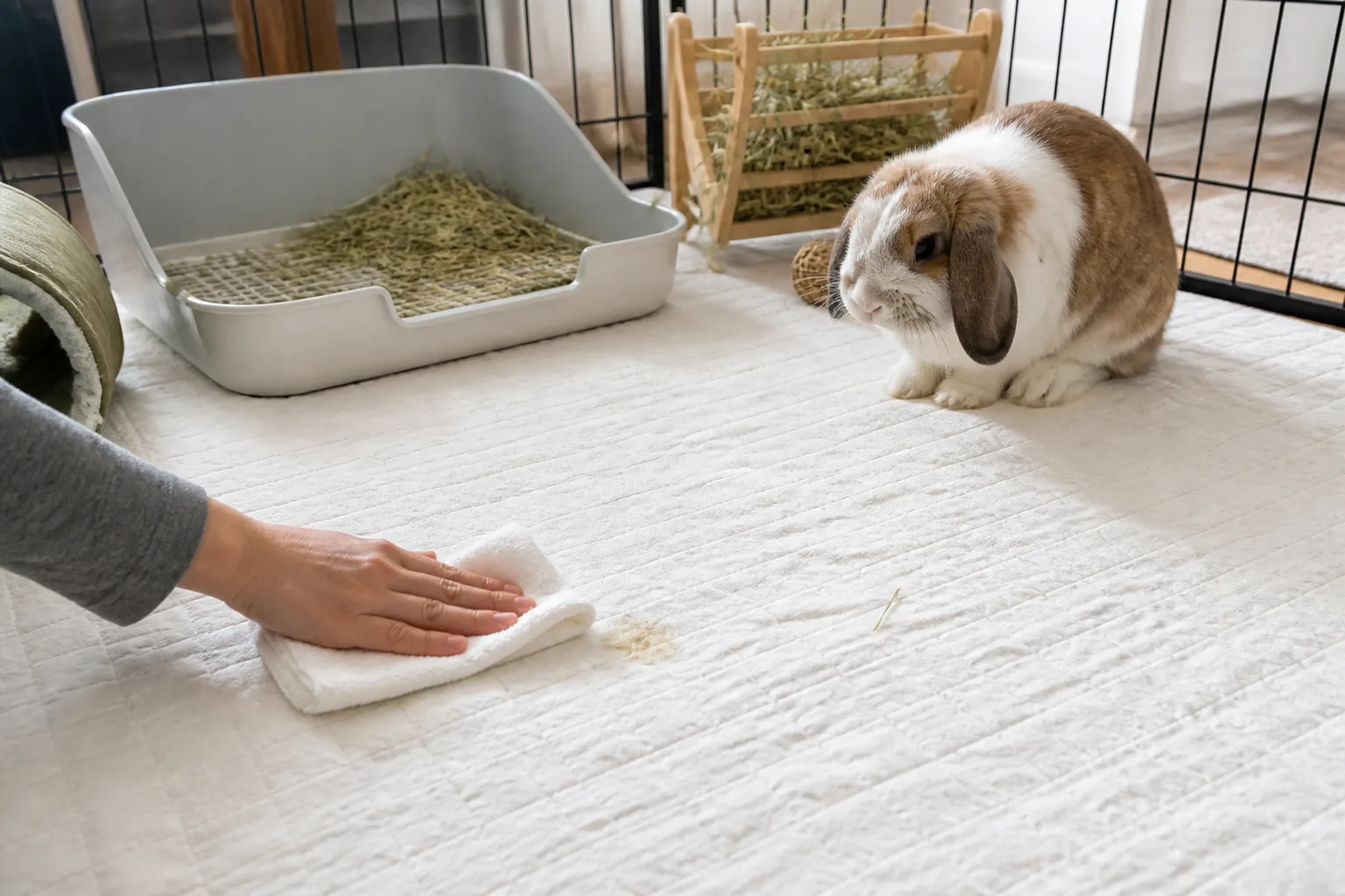 Rabbit owner calmly blotting a small accident beside the litter tray while a relaxed rabbit watches.