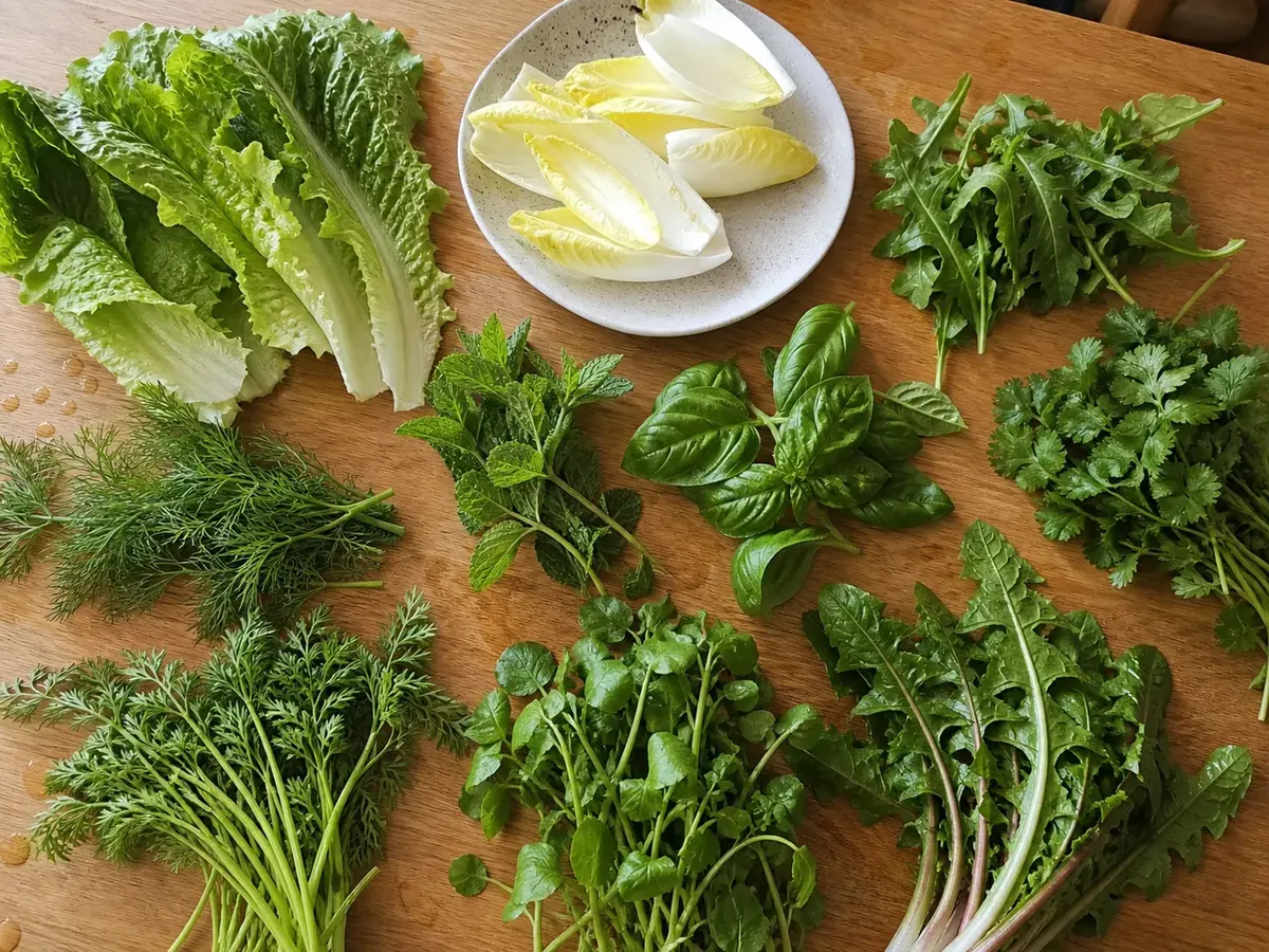 Romaine, endive, arugula and rabbit-safe herbs arranged for a daily leafy-green rotation.