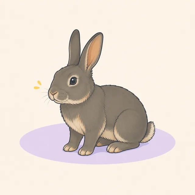 Illustration of an interested upright-eared rabbit directing both ears forward.