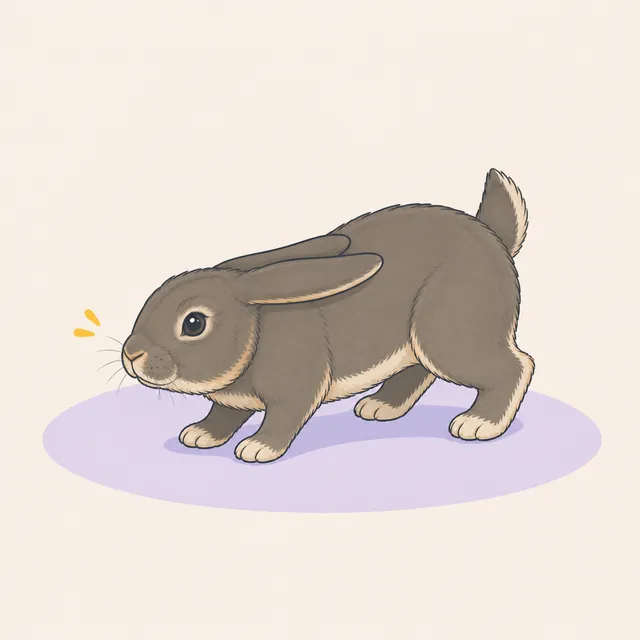 Illustration of a tense rabbit with both ears pinned flat against its back and tail raised.