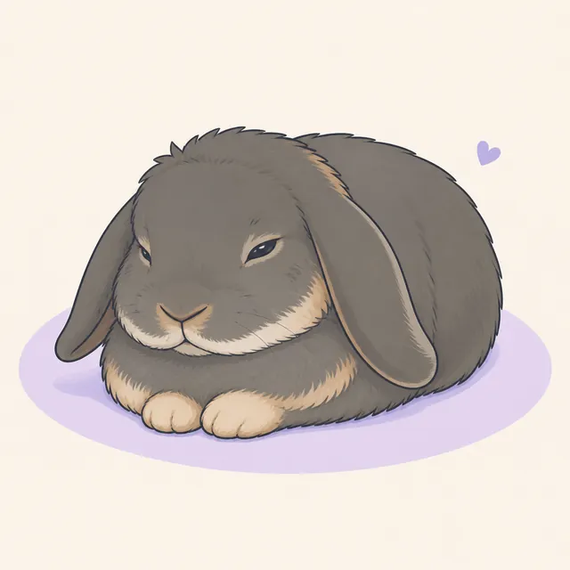 Illustration of a relaxed lop rabbit with soft half-closed eyes and loose facial muscles.