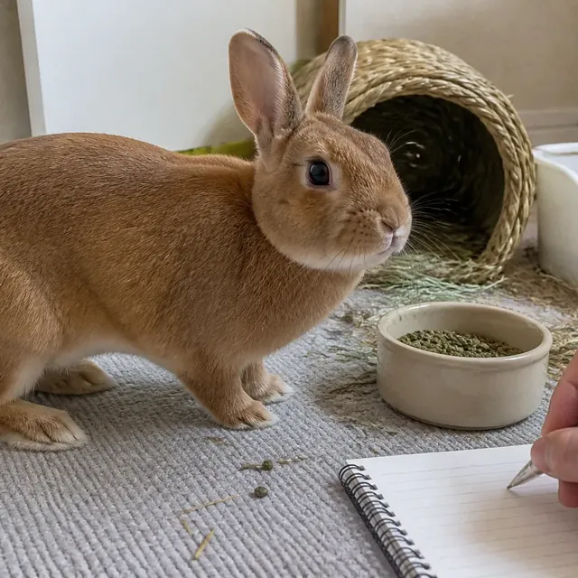 Rabbit owner calmly observing a house rabbit's daily behavior