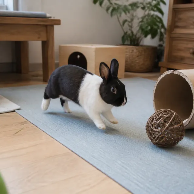 Active house rabbit exploring an enriched indoor space