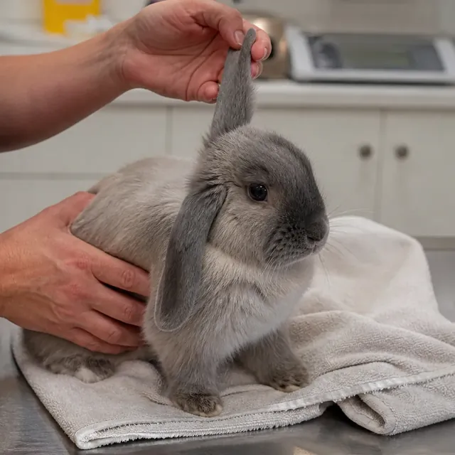 House rabbit receiving a calm routine health check