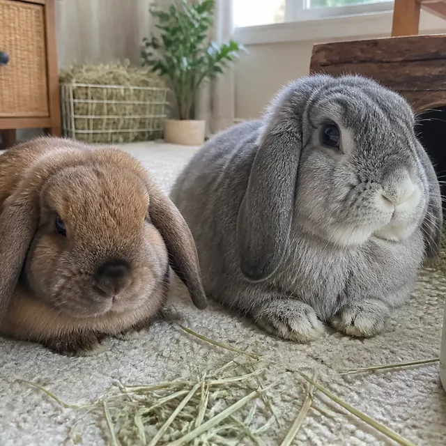 Two bonded house rabbits resting closely together
