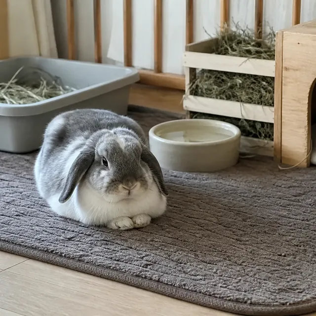 Senior house rabbit in a safe accessible indoor living space