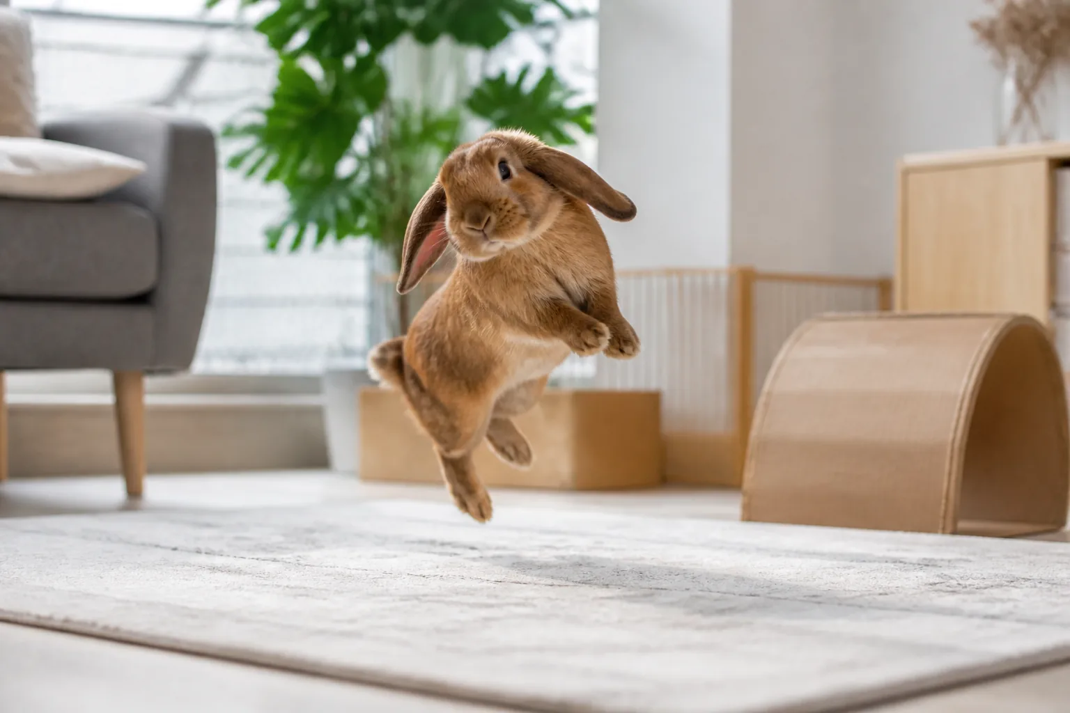 Chestnut lop rabbit performing a joyful binky in a spacious living room