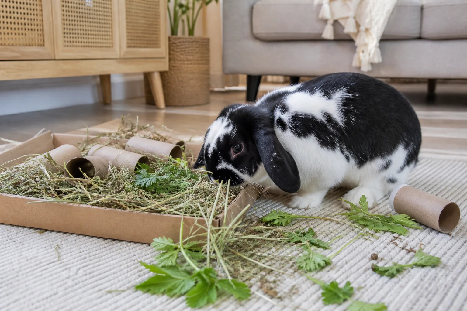 Black and white lop rabbit exploring a cardboard forage tray with hay and herbs