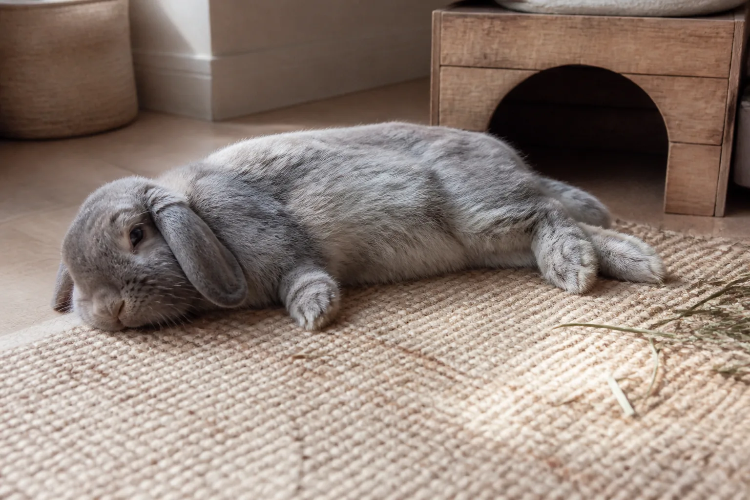 Grey lop rabbit resting in a loose relaxed flop on a woven rug