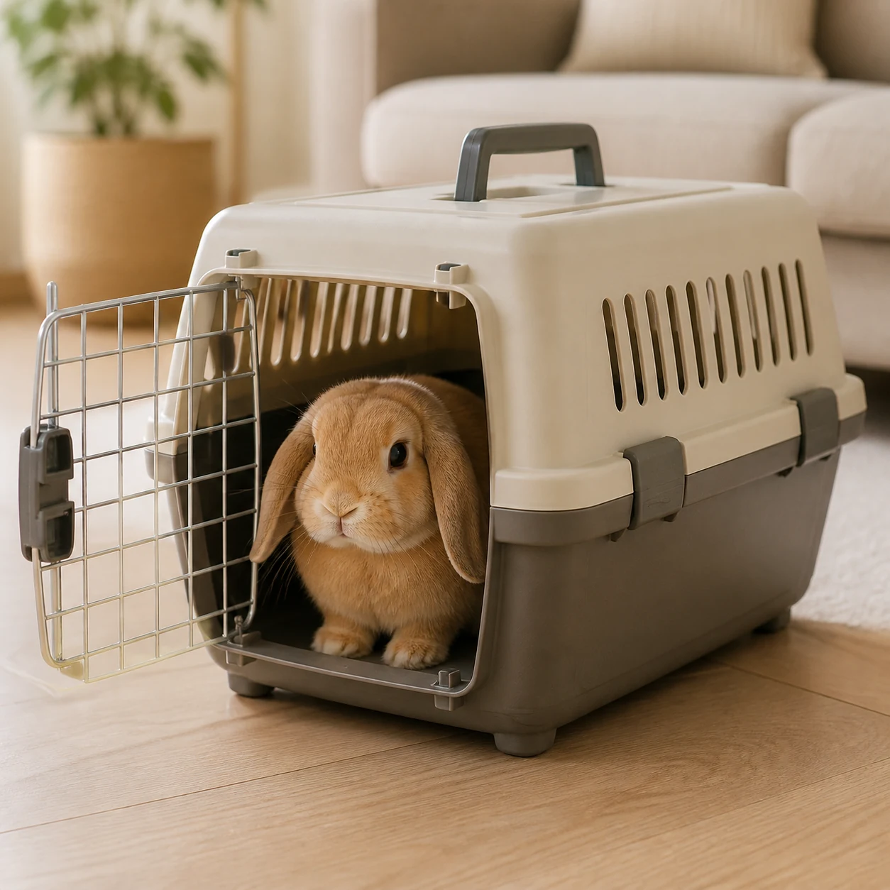 Tan lop rabbit inside a ventilated hard-sided plastic pet carrier