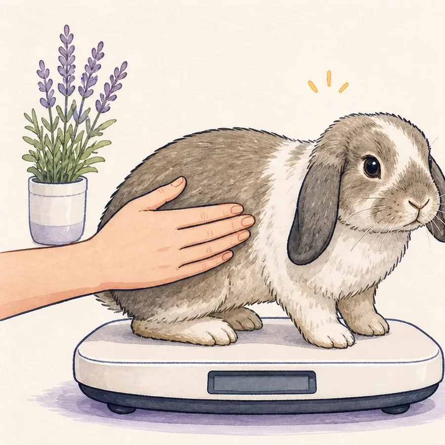 Illustration of a house rabbit being weighed and gently checked