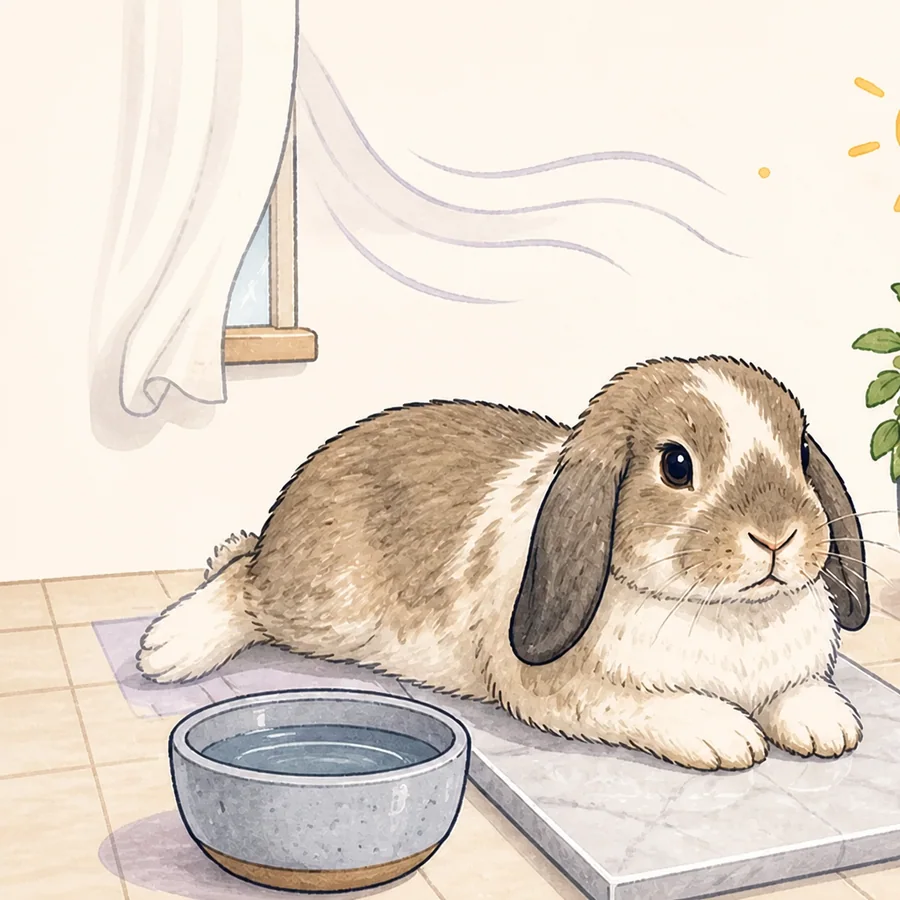 Illustration of a house rabbit resting in shade beside fresh water and a cool tile