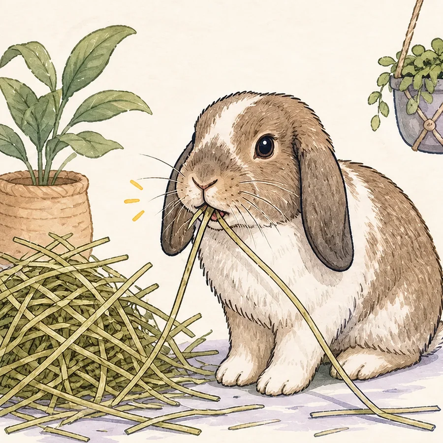 Illustration of a house rabbit chewing a long strand of hay