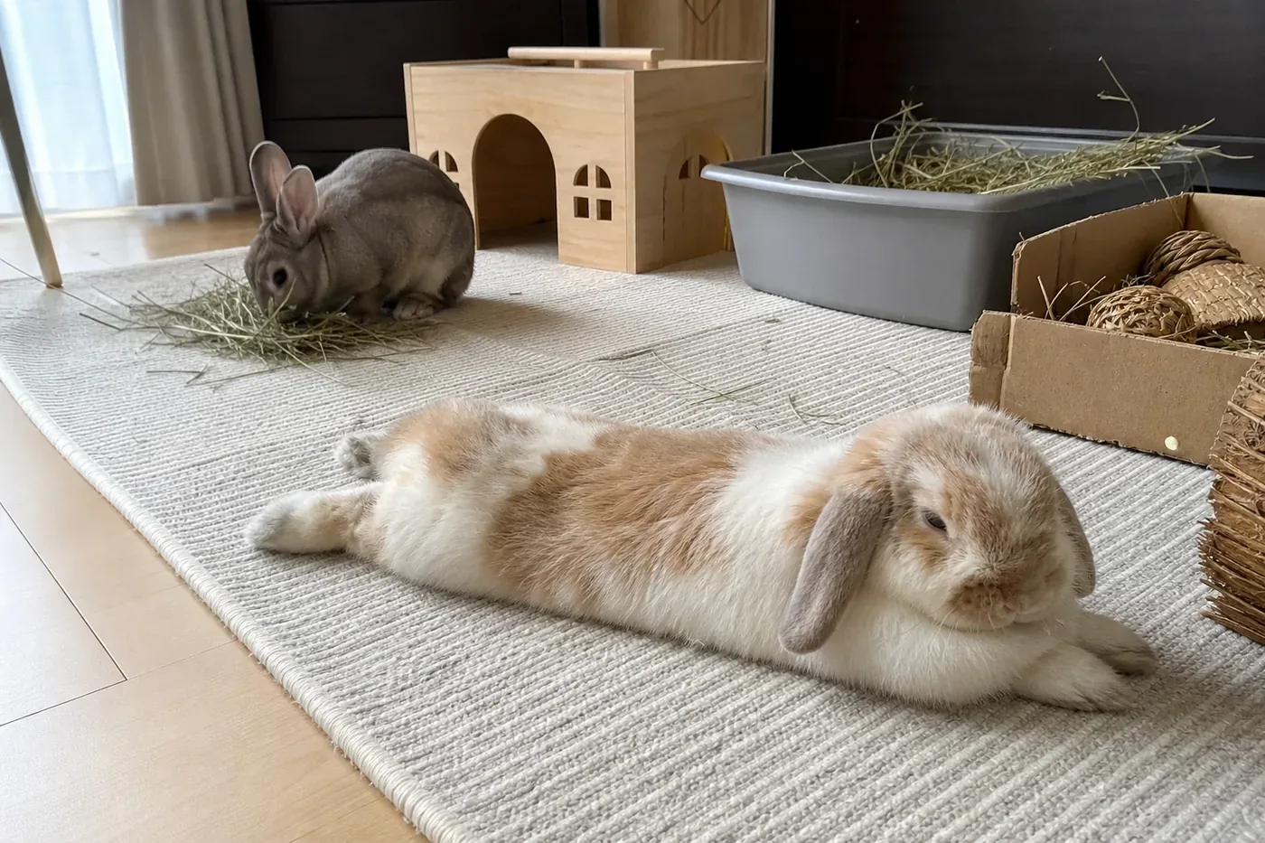 Two house rabbits relaxing and eating hay on a large non-slip mat in an indoor rabbit setup.