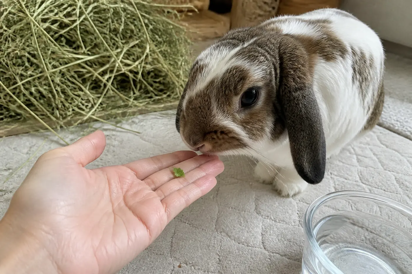 House rabbit calmly sniffing one tiny new green leaf offered on an open hand, with hay and water nearby.
