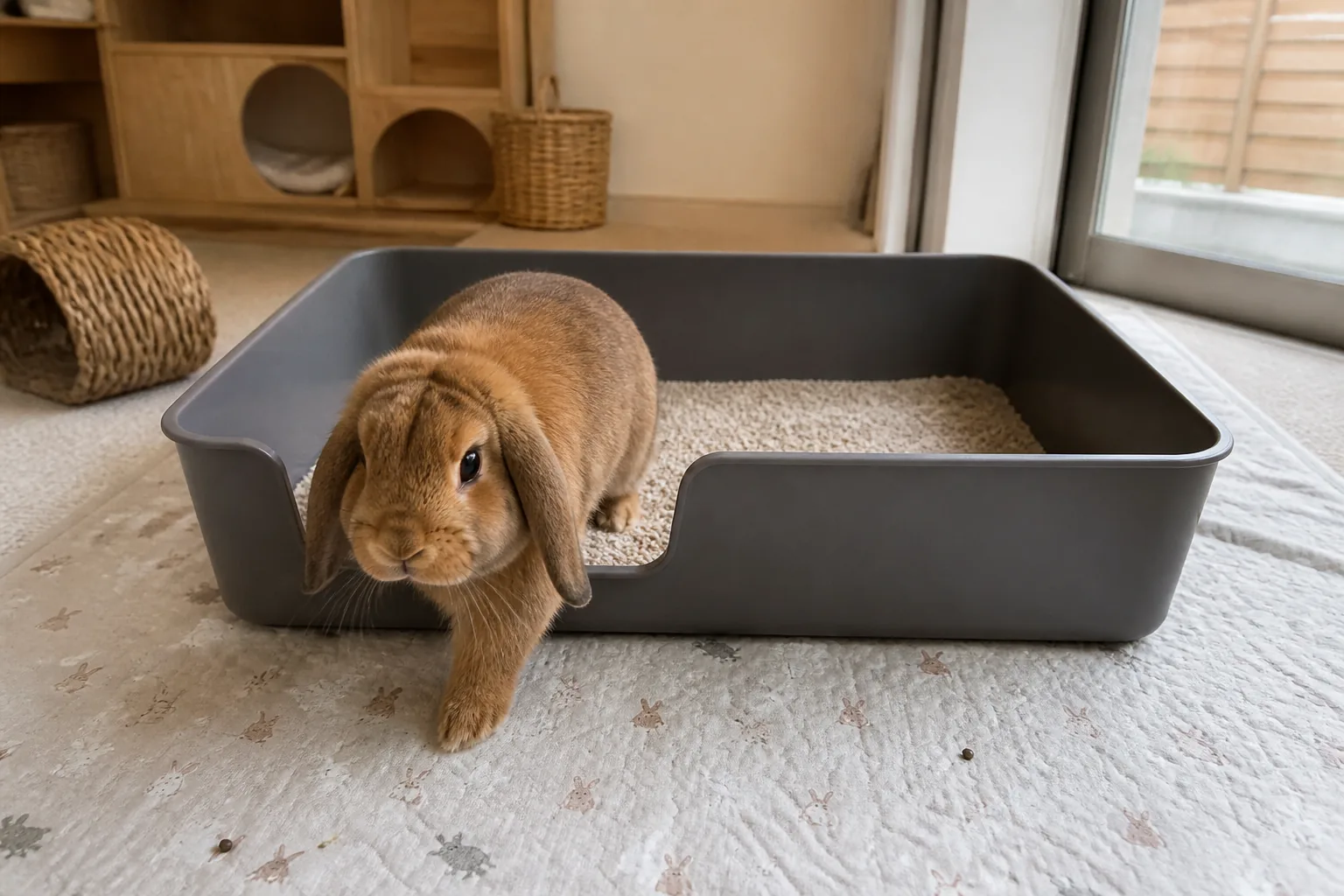 A brown lop rabbit walking through the low front entrance of a large rectangular litter box.