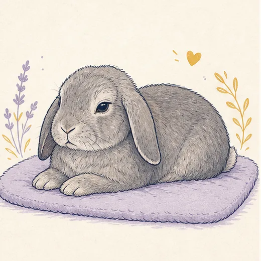 Illustration of a grey senior rabbit resting on a soft low mat