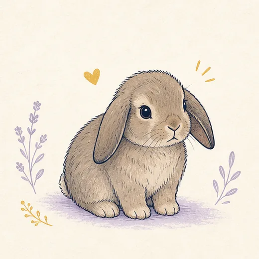 Illustration of a young lop rabbit sitting alert and curious