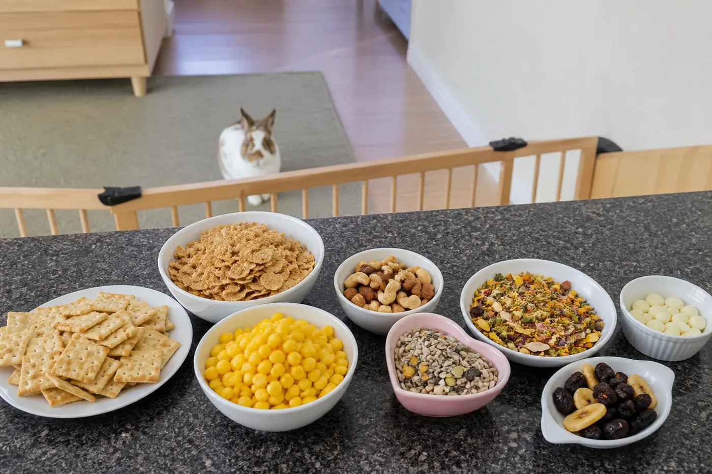 Crackers, cereal, sweet corn, nuts, seed mixes, yogurt drops and dried fruit kept safely away from a house rabbit.