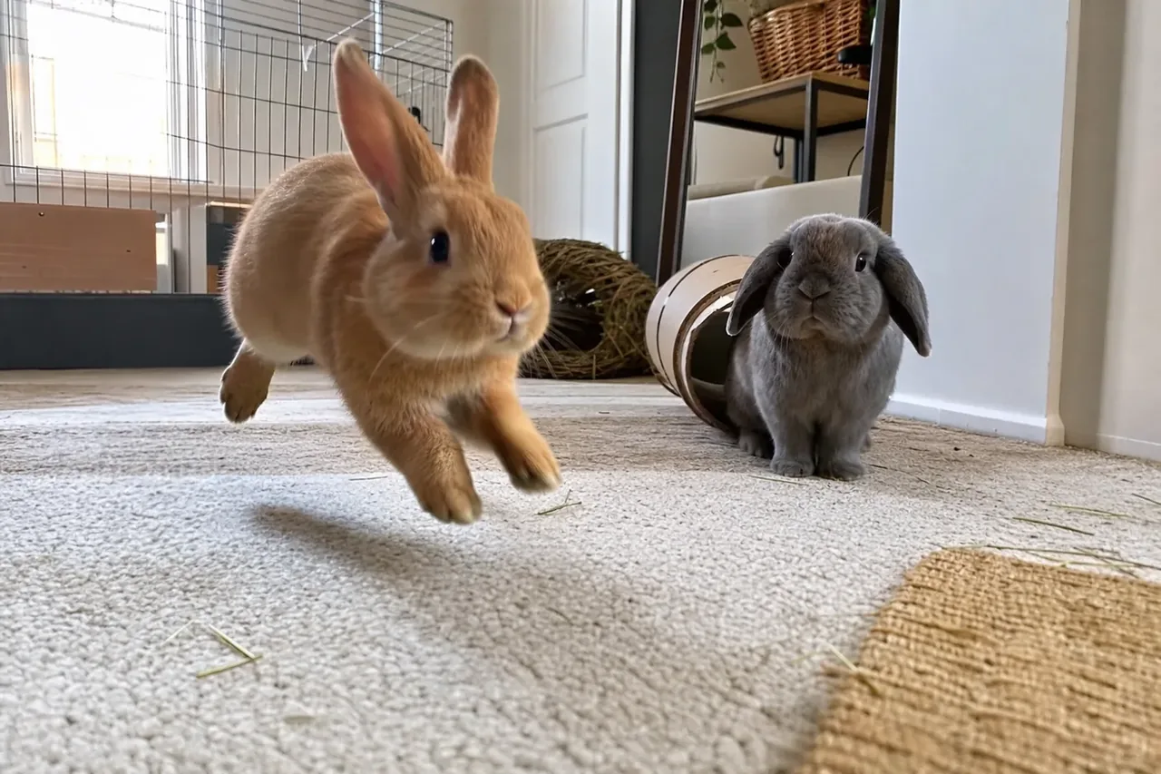 A tan house rabbit doing a binky on a soft non-slip floor mat while a gray lop rabbit watches.