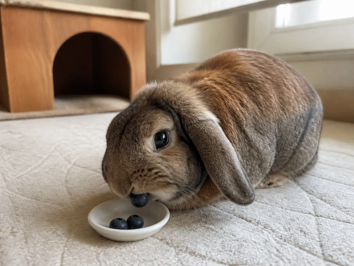 Brown lop rabbit eating one blueberry as a tiny occasional treat.