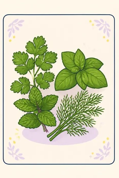 Illustration of cilantro, basil, mint and dill used to add aroma and texture to rabbit greens.