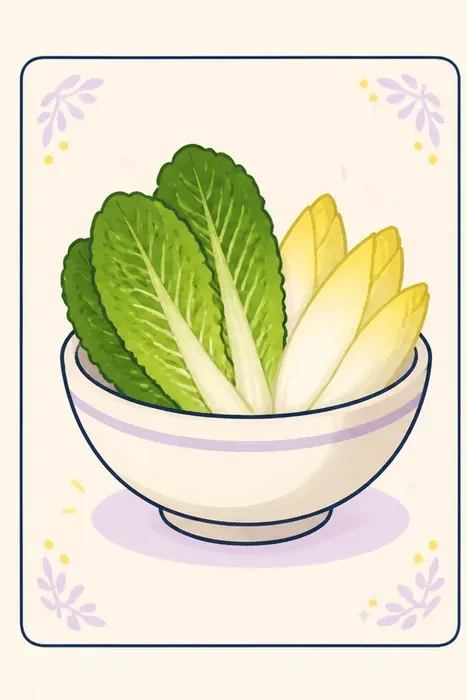 Illustration of romaine, endive and escarole as the leafy base of a rabbit greens bowl.