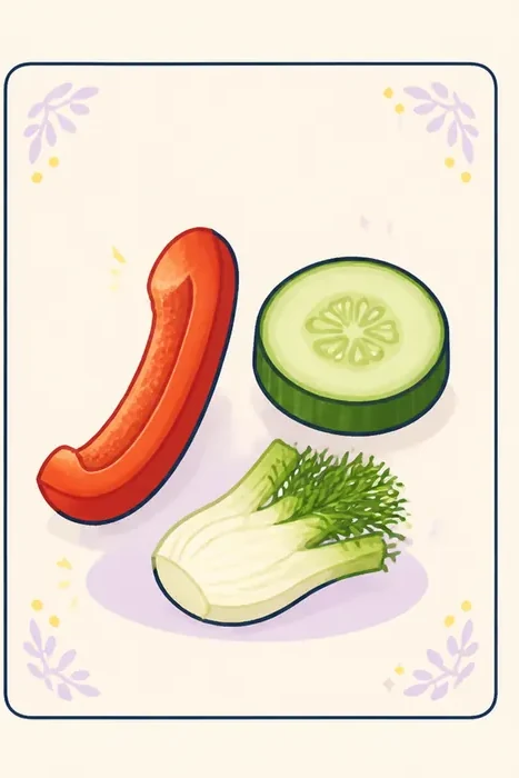 Illustration of bell pepper, cucumber and fennel used in a varied rabbit food rotation.