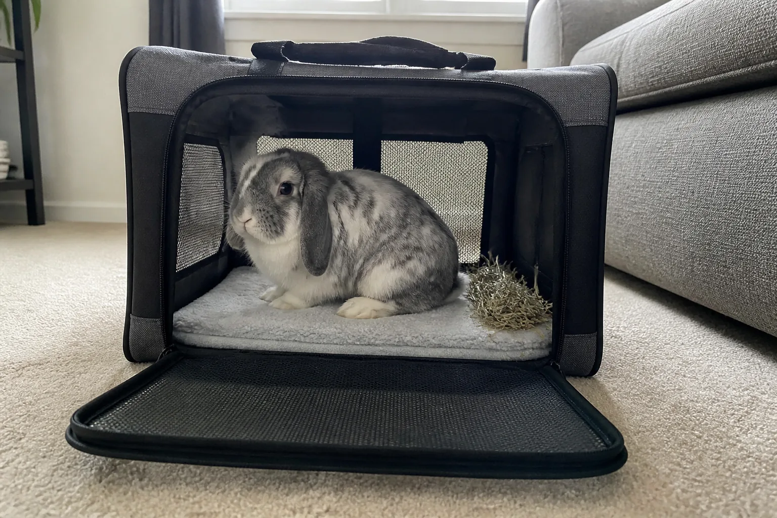 Rabbit sitting naturally inside a correctly sized open carrier