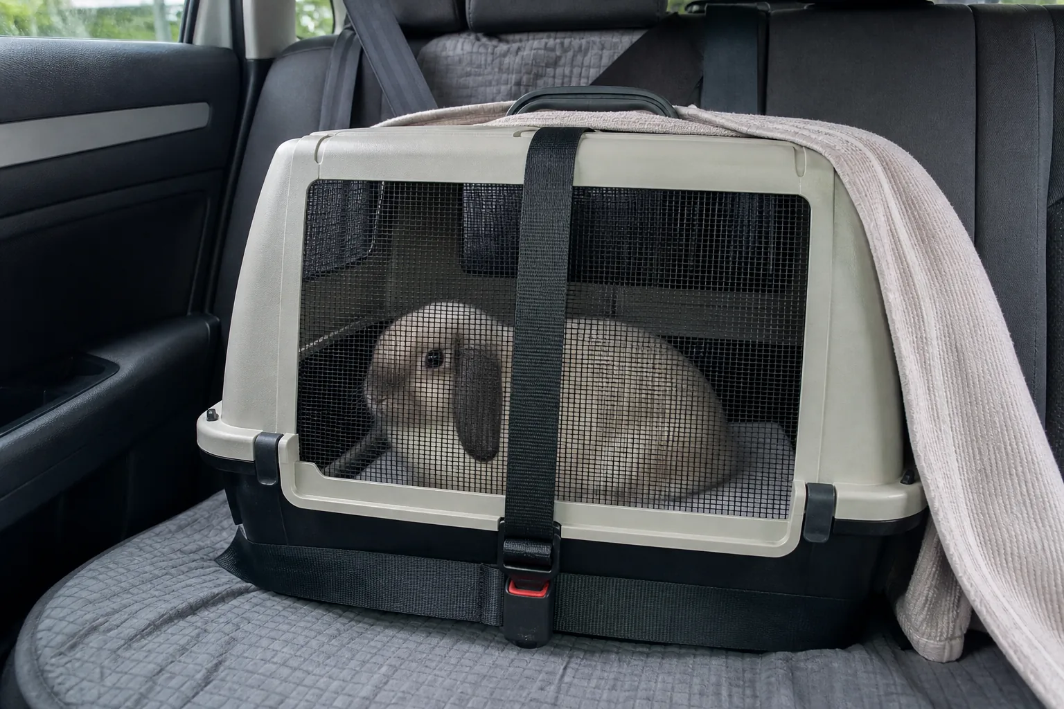 Rabbit carrier secured level on the rear seat of a car