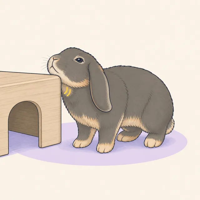 Illustration of a lop rabbit rubbing the underside of its chin on a wooden hideaway corner.