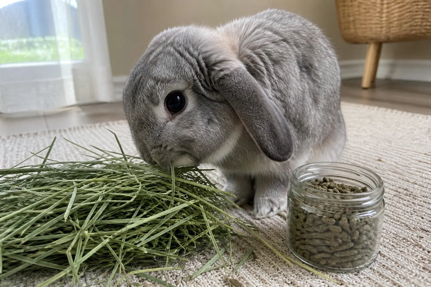 House rabbit choosing fragrant grass hay beside a small jar of plain uniform rabbit pellets.