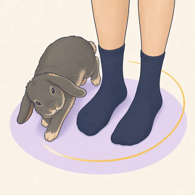 Illustration of an excited lop rabbit circling around a person's socked feet.