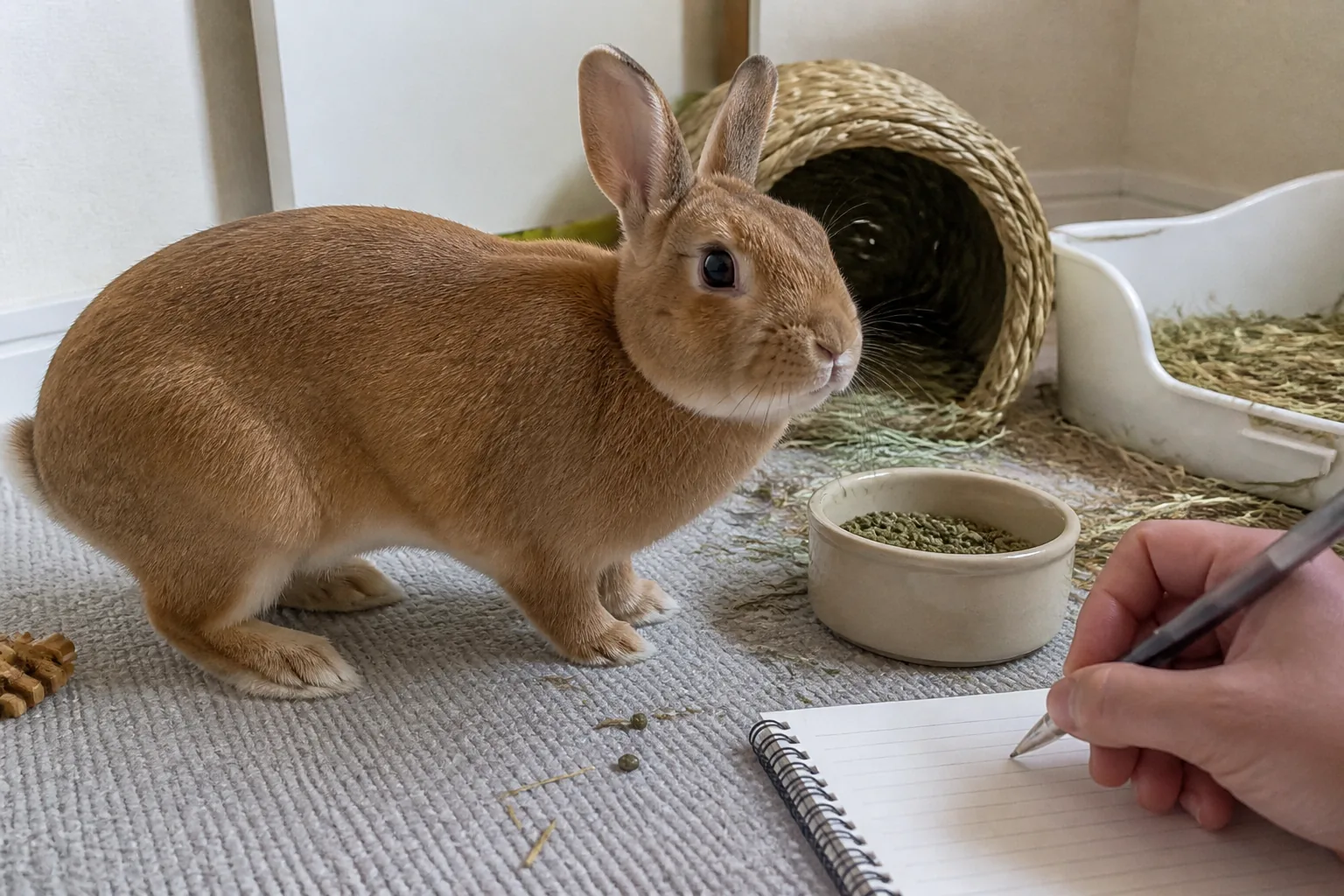 A rabbit owner quietly observing a house rabbit's posture and daily routine