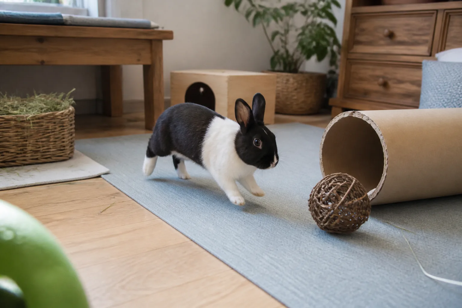 A black and white house rabbit hopping on a non-slip mat near a tunnel and chew toy