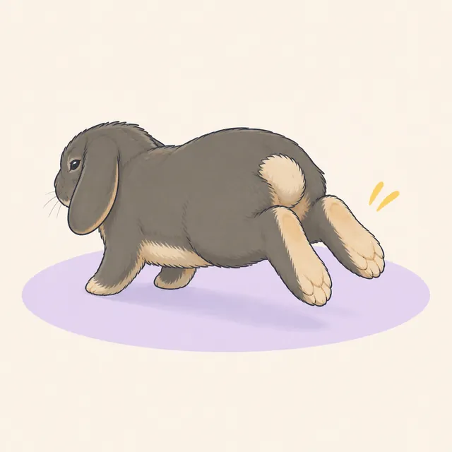 Illustration of a lop rabbit hopping away while flicking both hind feet backward.