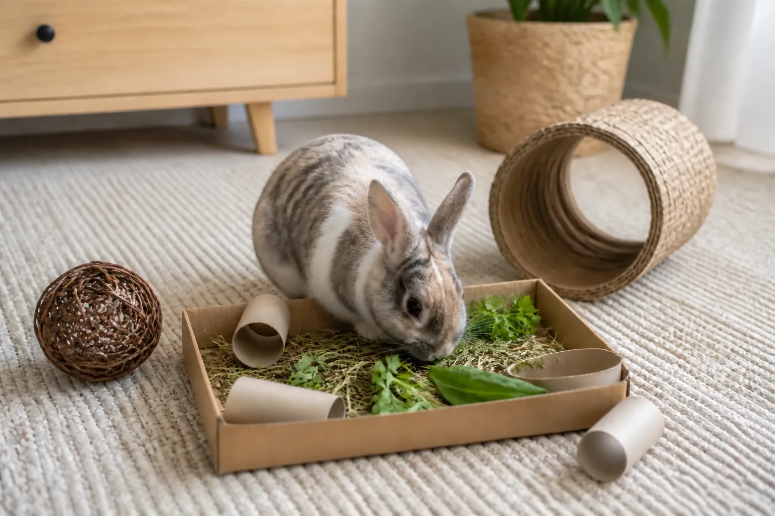 Compact domestic rabbit foraging through hay and herbs in a cardboard activity tray with a tunnel and willow ball